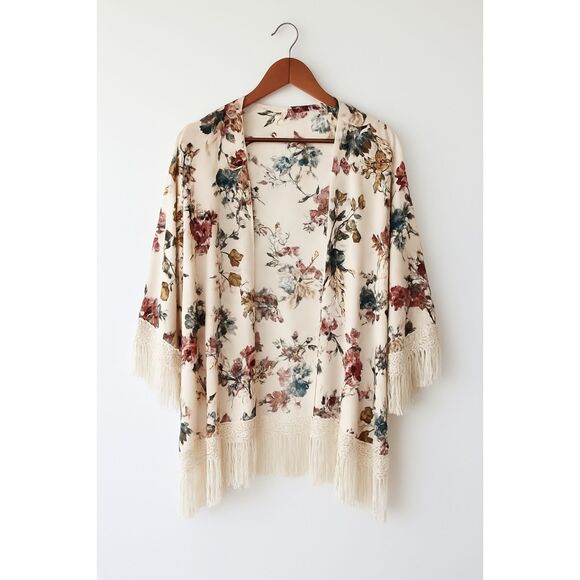Jodifl Size L Vintage Floral Print Kimono Cream Lace Trim Fringe Boho Cover Up - Picture 2 of 8